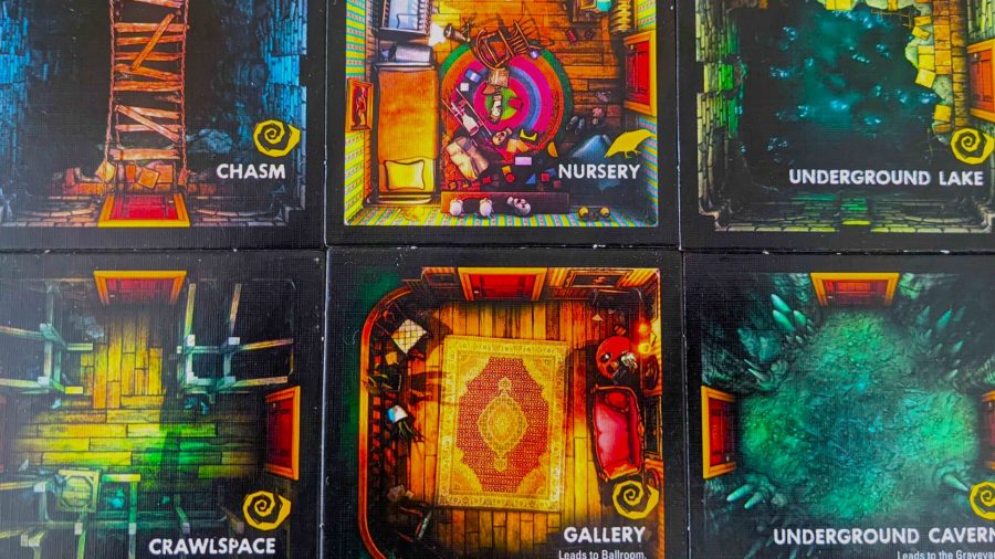 Betrayal at House on the Hill review - six floor tiles showing the name and illustration for a room