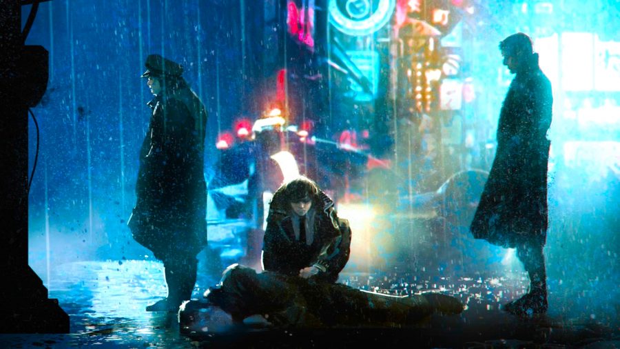 Blade Runner RPG - three detectives investigate a dead body; one crouches by the corpse, while two stand and look to the left; it's raining and neon lights glow in the background
