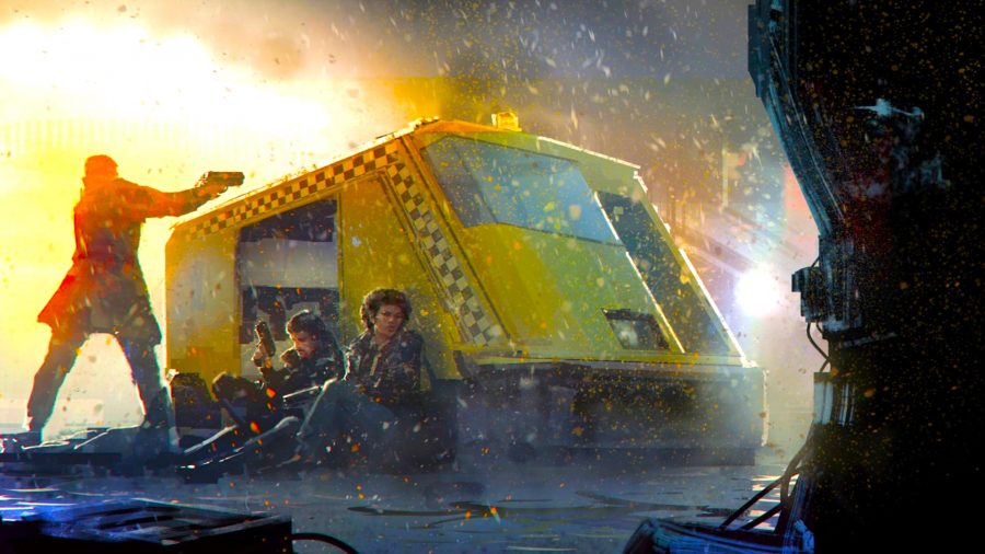 Blade Runner RPG - three police officers take cover behind a sci-fi yellow police van, two crouching while another fires a gun