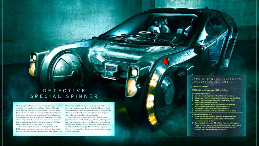 Blade Runner RPG - a page from the RPG book showing a sci-fi car (a 'Detective Special Spinner' and its in-game statistics
