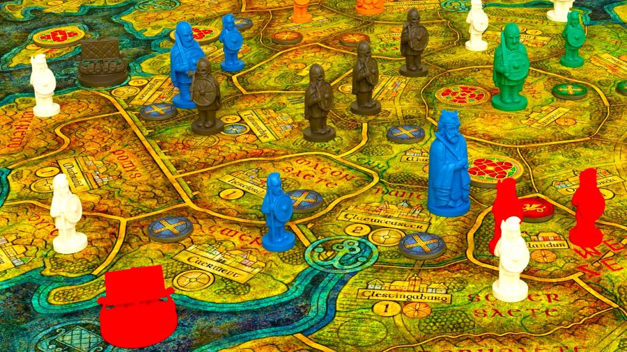Bretwalda review - a board depicting Anglo-Saxon Britain, with multi-coloured meeples spread out on top