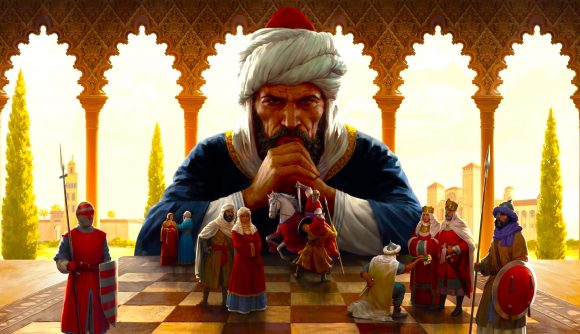 Crusader Kings 3 Fate of Iberia - a man in a turban with a dark beard leans on a chess table and watches over several small medieval characters