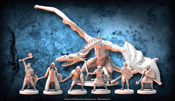 Dark Souls RPG miniatures - product photo of six Dark Souls miniatures, including a large dragon