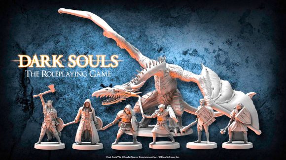 Dark Souls RPG miniatures - an ensemble of Dark Souls miniatures, with the Dark Souls RPG logo next to them