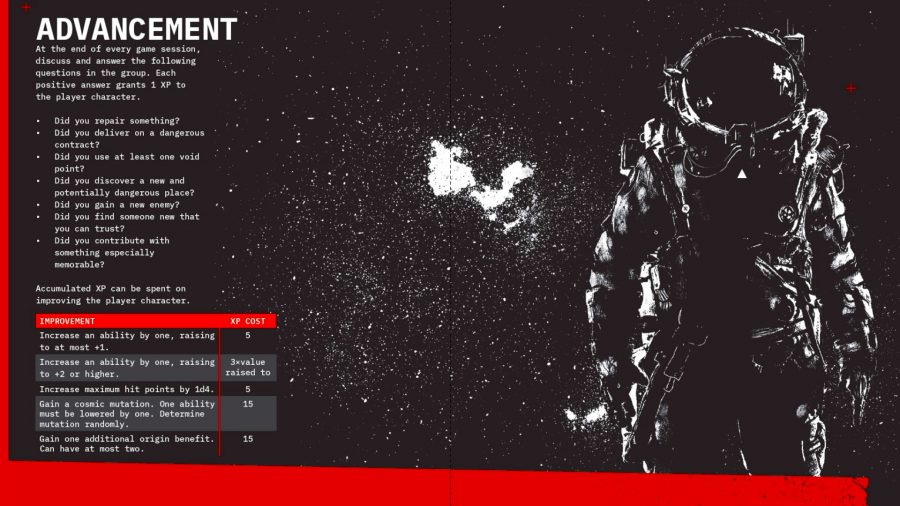 Death in Space RPG - 'Advancement' page spread, including a list of rules and an illustration of an astronaut, white on black background