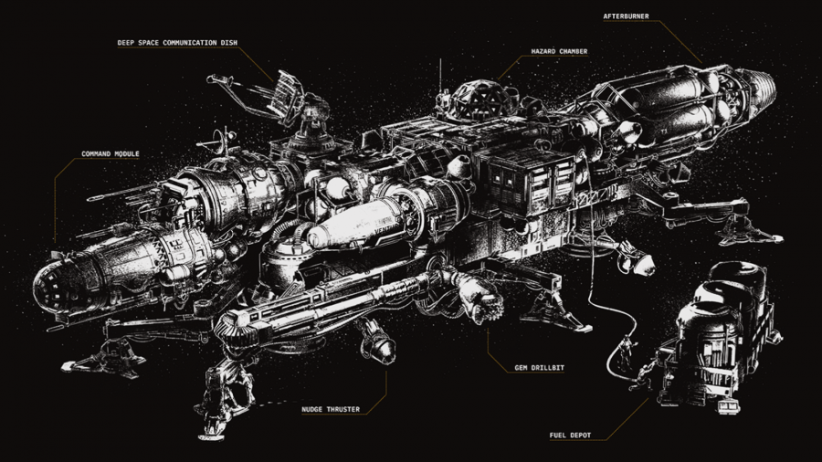 Death in Space RPG - honeyguide driller spaceship, black and white illustration