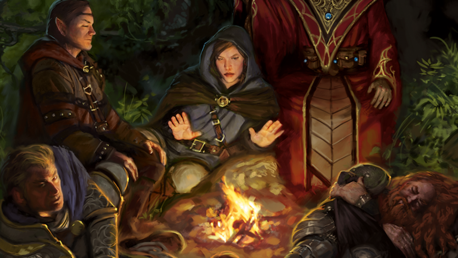 DnD Children of Earte - a party of adventurers resting around a campfire
