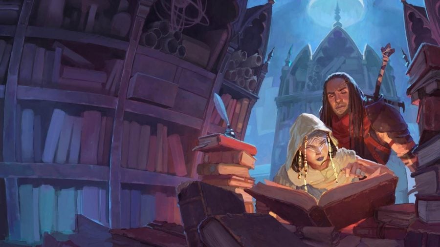The best DnD Campaigns guide - Wizards of the Coast artwork for Candlekeep Mysteries showing two characters reading a book in a library