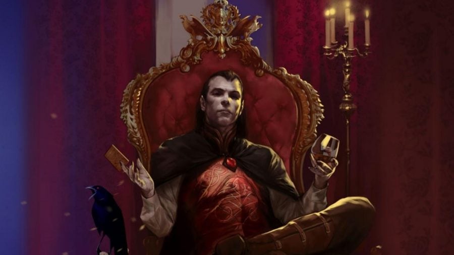 The best DnD Campaigns guide - Wizards of the Coast artwork for Curse of Strahd, showing Count Strahd Von Zarovich in an armchair with a glass of blood wine