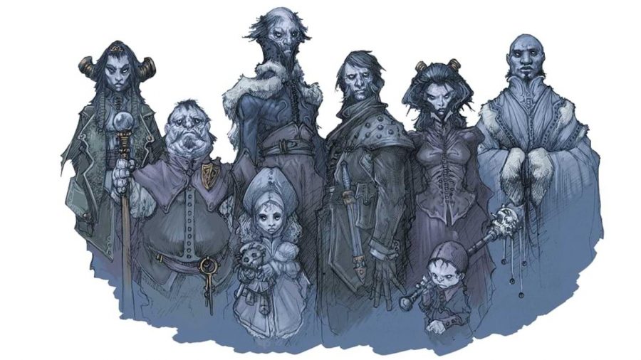The best DnD Campaigns guide - Wizards of the Coast artwork for the Death House adventure, showing a cast of characters illustrated