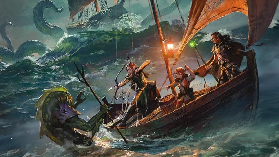 The best DnD Campaigns guide - Wizards of the Coast artwork for Ghosts of Saltmarsh, showing an adventuring party in a boat on rough seas, battling tritons
