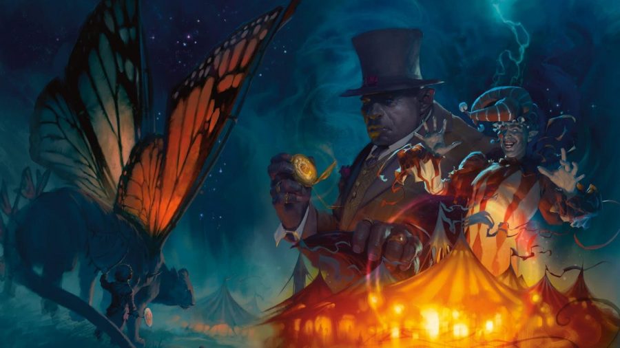 The best DnD Campaigns guide - Wizards of the Coast artwork for Wild Beyond the Witchlight, showing fey wings, circus tents, and a figure wearing a top hat