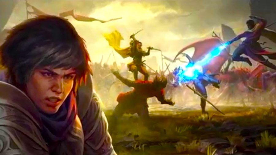 D&D Dragonlance - a woman warrior in front of a magical battlefield