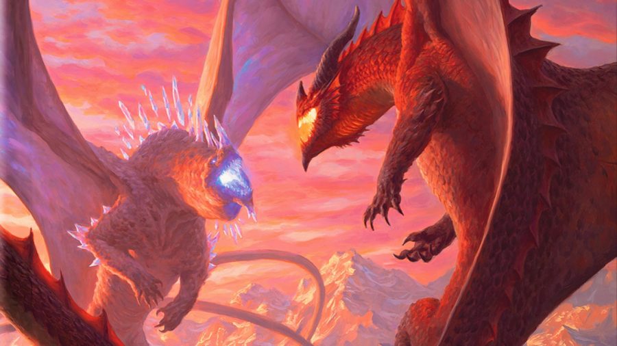 D&D Dragonlance - two dragons fighting in a pink sky