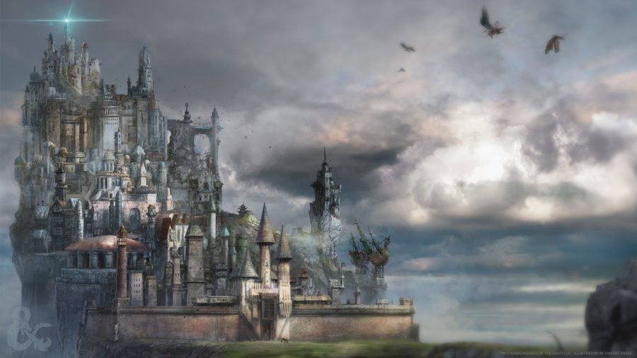 Dnd Greyhawk: artwork of a vast castle city under cloudy skies