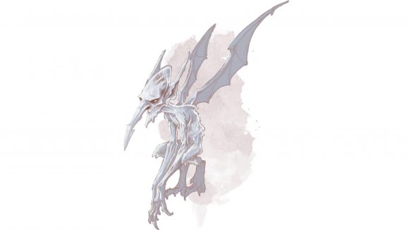 D&D Ice Mephit on white background - grey flying creature with long nose and clawed limbs