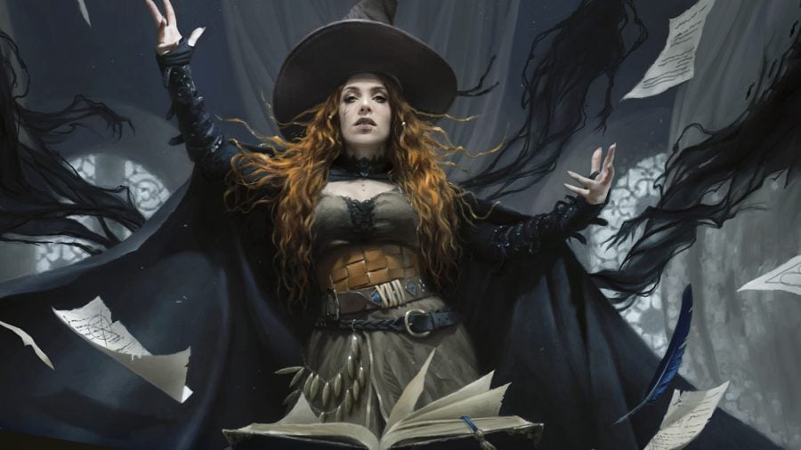 DnD level up: a witch striking a powerful pose while pages of a spell book float around her
