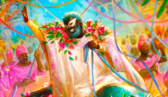 DnD radiant citadel delayed - a masked man with turquoise beard covered in flowers waving and smiling