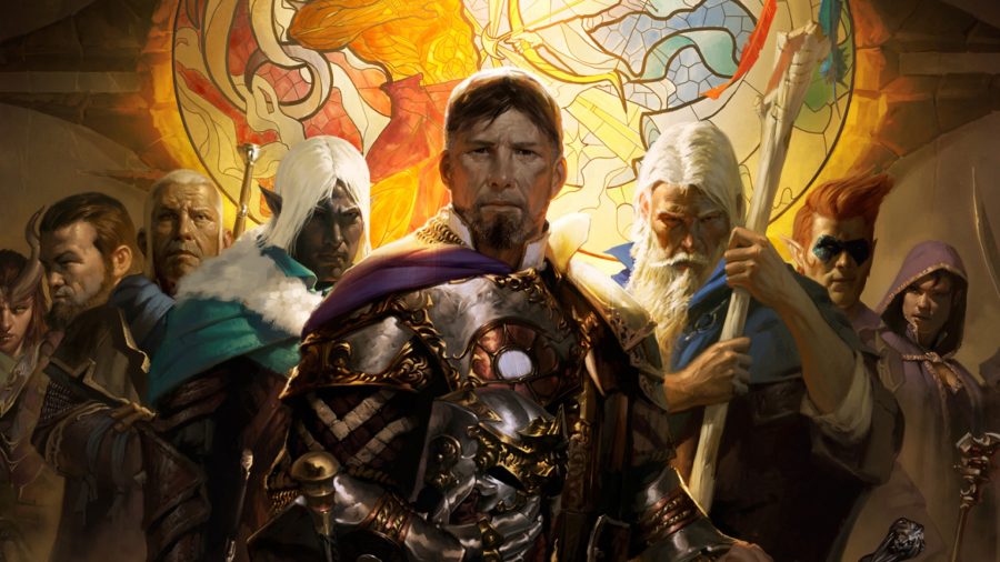 dnd stats: a group of dnd characters standing in front of a stained glass window