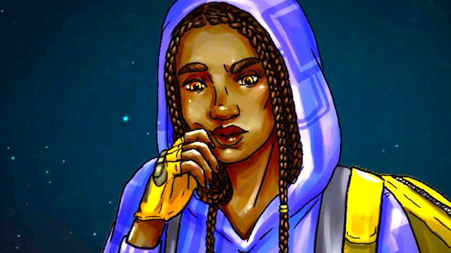 Everyday Heroes black D&D character - a black woman with dreadlocks and a hoodie, looking thoughtful