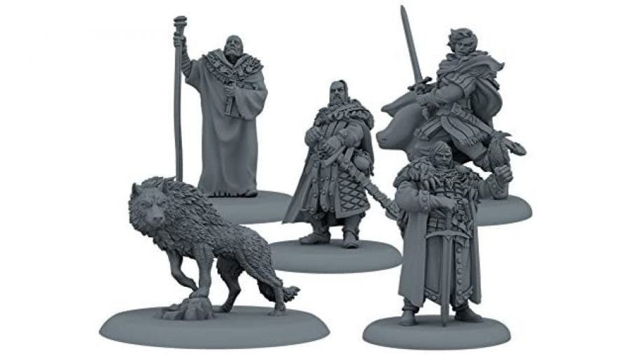 Game of Thrones board games: Miniatures from the A Song of Ice and Fire Miniatures game, including four men and direwolf.