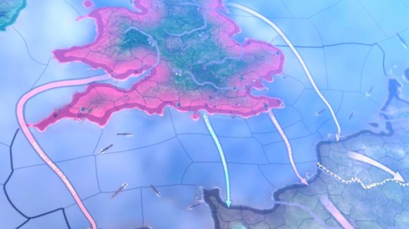 Hearts of Iron 4 sale - a pale blue and pink map of the UK with arrows pointing from its coast to the coast of Europe