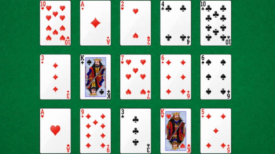 How to play solitaire - grid of playing cards in 3 x 5 rows