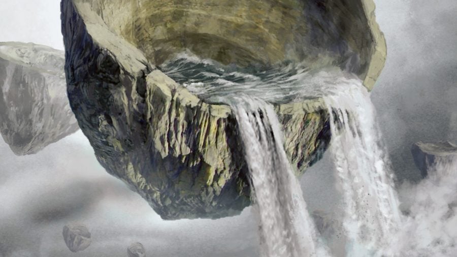 MTG Cascade: A giant stone bowl hangs in mid-air. It is filled with water, which is surging forth out of it.
