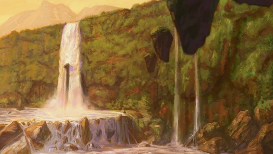 MTG Cascade: A landscape with woodland in the background and a waterfall in the foreground