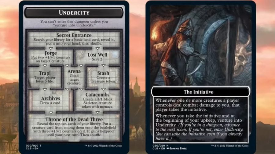 mtg commander legends battle for baldur's gate release date: cards explaining the initiative mechanic and the undercity dungeon.
