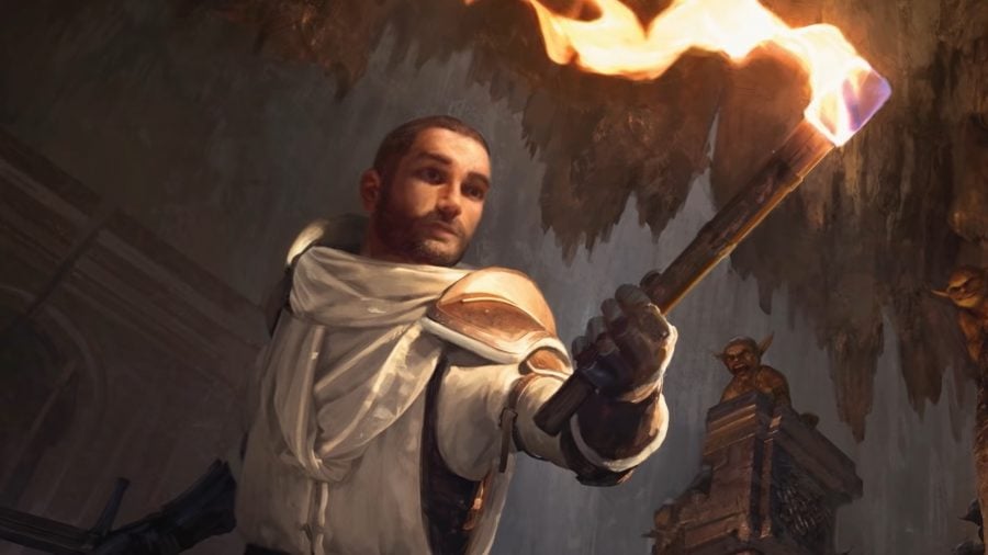 mtg commander legends battle for baldur's gate: a man holding a torch in a cave being approached by fierce goblins