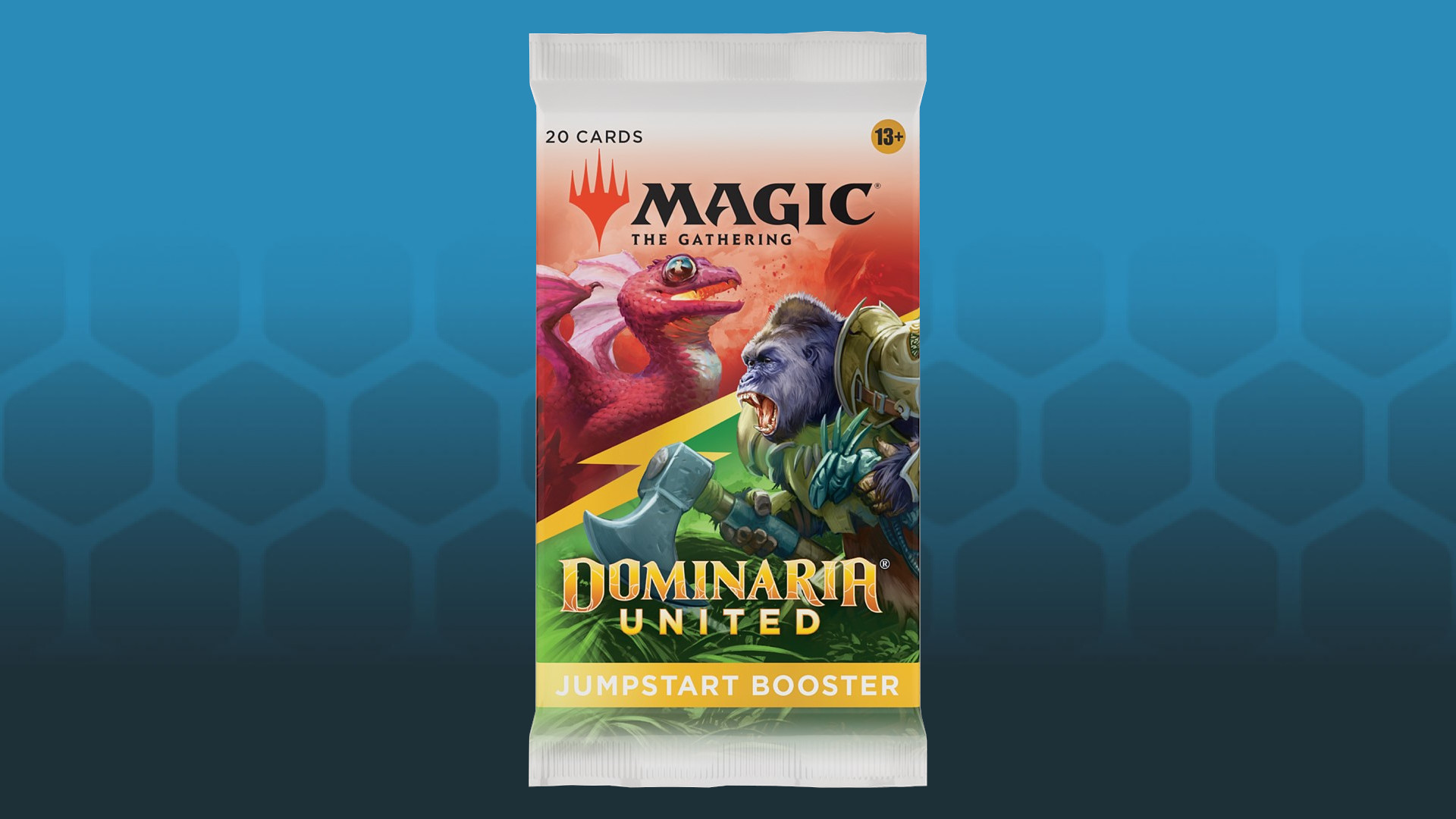 magic the gathering jumpstart beginner: a jumpstart Dominaria United pack on a Wargamer hex background