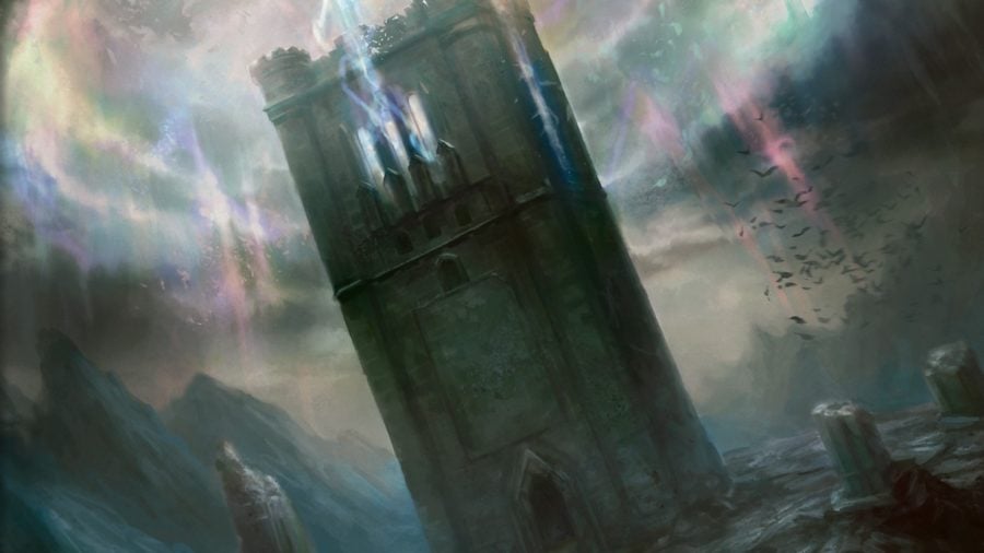 MTG lands - a tower at an angle crackling with magical energy