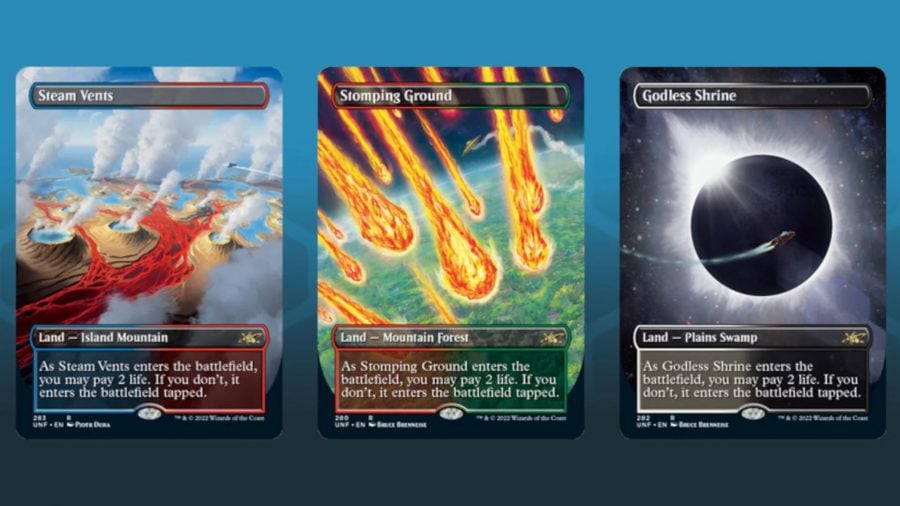 MTG lands three shocklands reprinted with a space theme for the Unfinity set