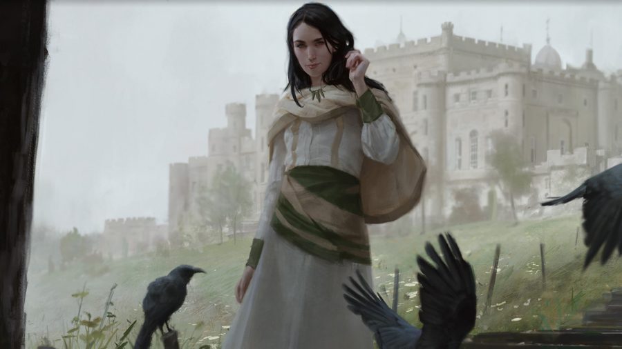 magic the gathering lifelink: artwork of a woman standing outside a manor house, surrounded by ravens
