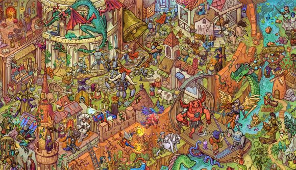 Magic: The Gathering Mark Rosewater complicated design - a dense where's waldo style image of a fantasy city