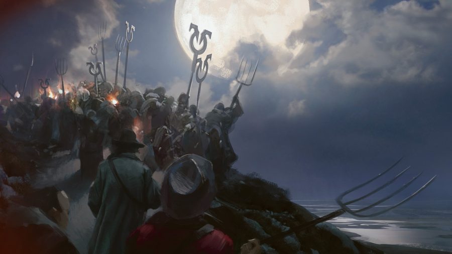 magic the gathering pauper - a horde of angry townsfolk brandishing torches and pitchforks, under the full moon.