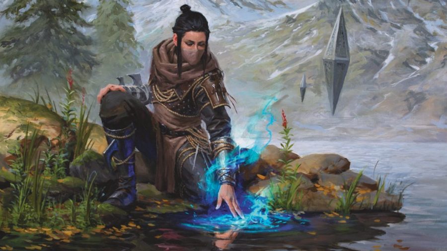 Magic the Gathering proxies: a person reaching down and touching their own reflection in a river.