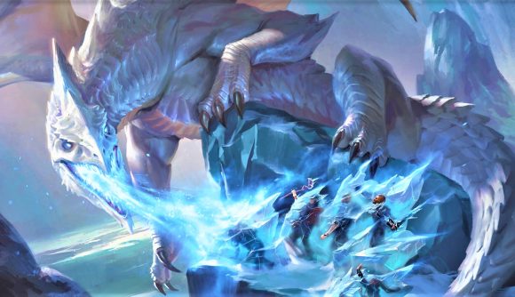 Magic the Gathering secret lair dnd dragons - artwork of a white dragon breathing frost magic over a party of adventurers