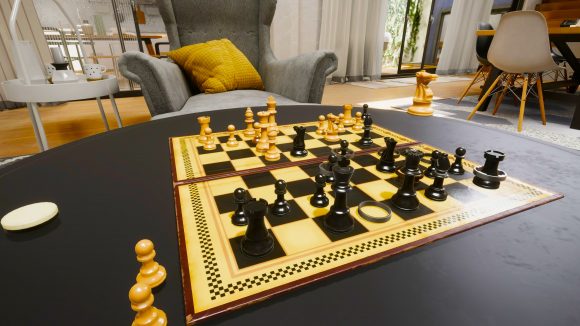 Metaverse chess nfts - a classic chess board on a table, beside a grey armchair with a yellow cushion