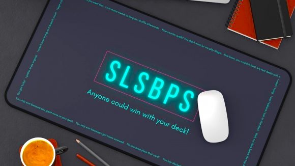 MTG Arena bronze players - grey desk mat with neon blue writing in the centre, saying 'SLSBPS: Anyone could win with your deck!'