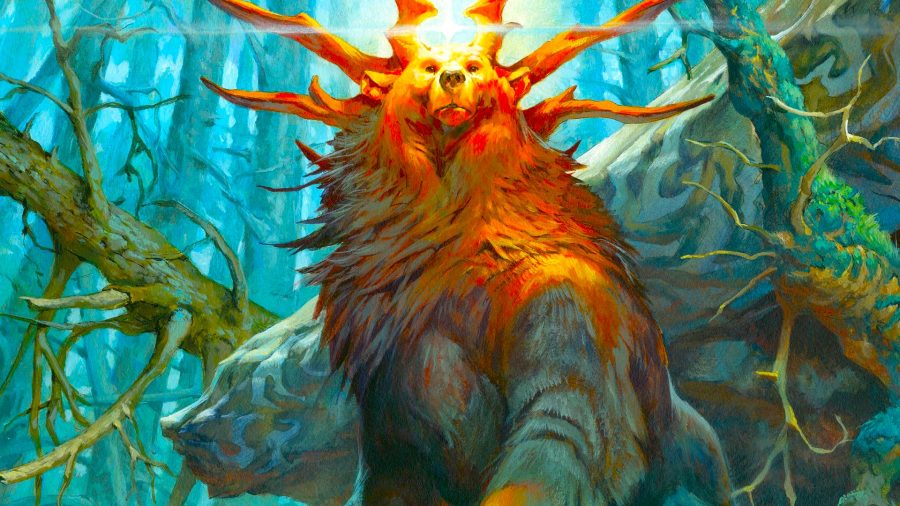 MTG Modern - Card art for Ayula, Queen Among Bears, showing a bear with antlers and a light glowing above its head