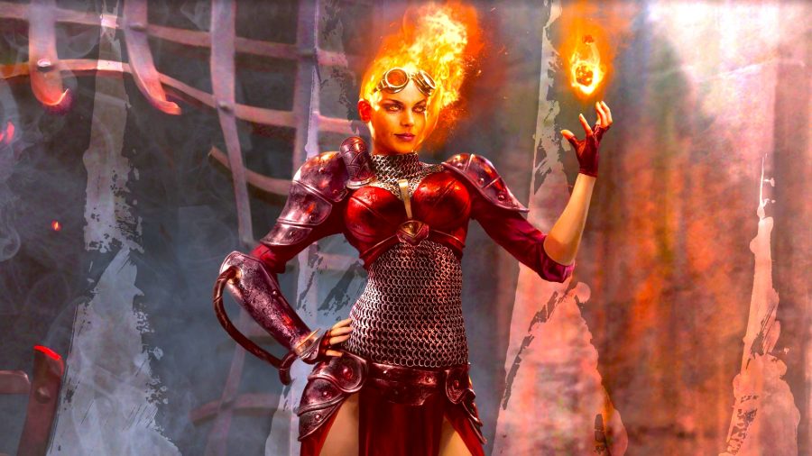 MTG Modern - Chandra, a planeswalker in chainmail with fire instead of hair, holding a fireball and smiling