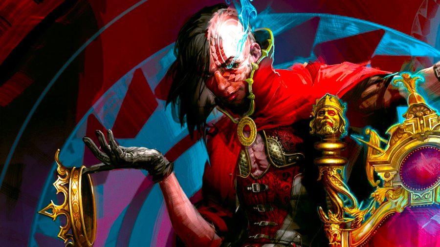 MTG Modern - Card art for Dark Confidant, showing a character with a half-shaved head in a red cape dangling a crown from their finger and smiling mischieviously
