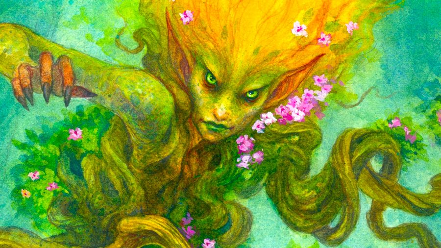 MTG Modern - card art of Titania, Protector of Argoth, a woodland elf creature with green skin and ginger hair covered in flowers