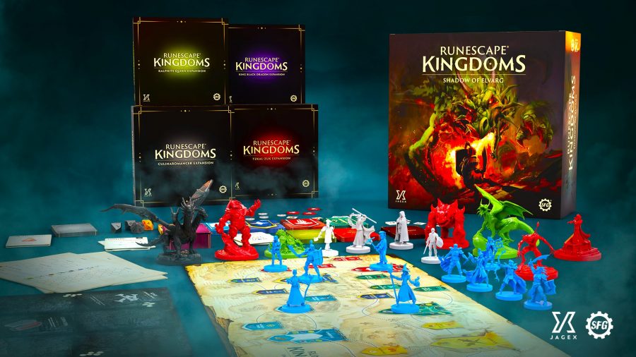 RuneScape board game preview - the all-in pledge, which includes the core board game box, four expansion boxes, board, miniatures, and components
