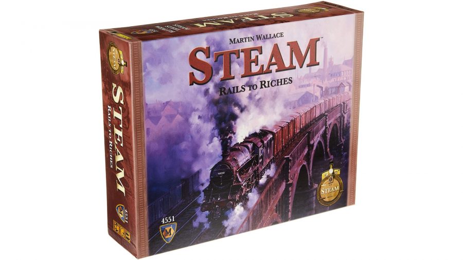 Train board games: the box of the board game steam: rails to riches
