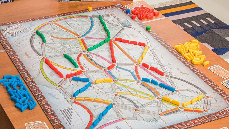 Train board games: A shot of a ticket to ride game in progress