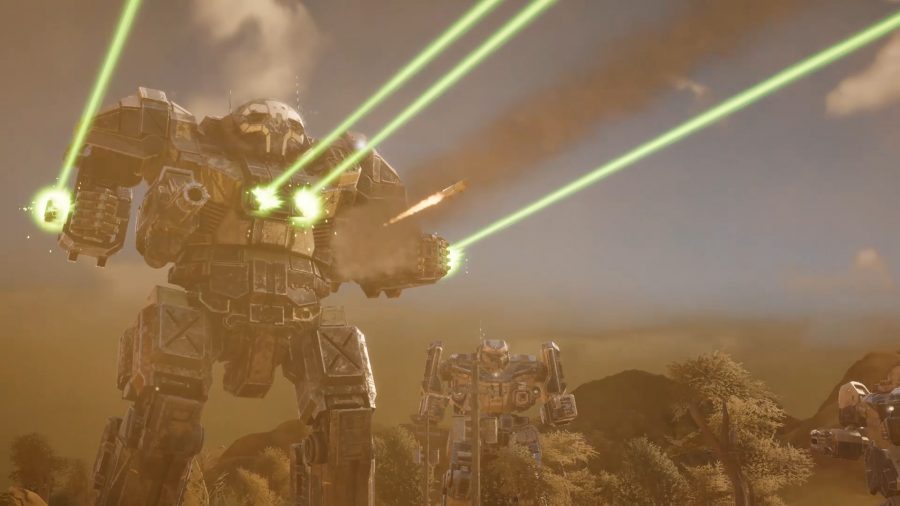 Turn-based games: a battletech mech firing lasers.