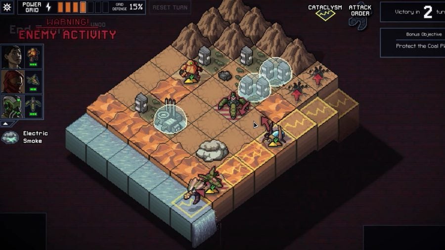 turn based games a screenshot of Into The Breach showing mechs fighting giant bugs in a lava-filled desert. 